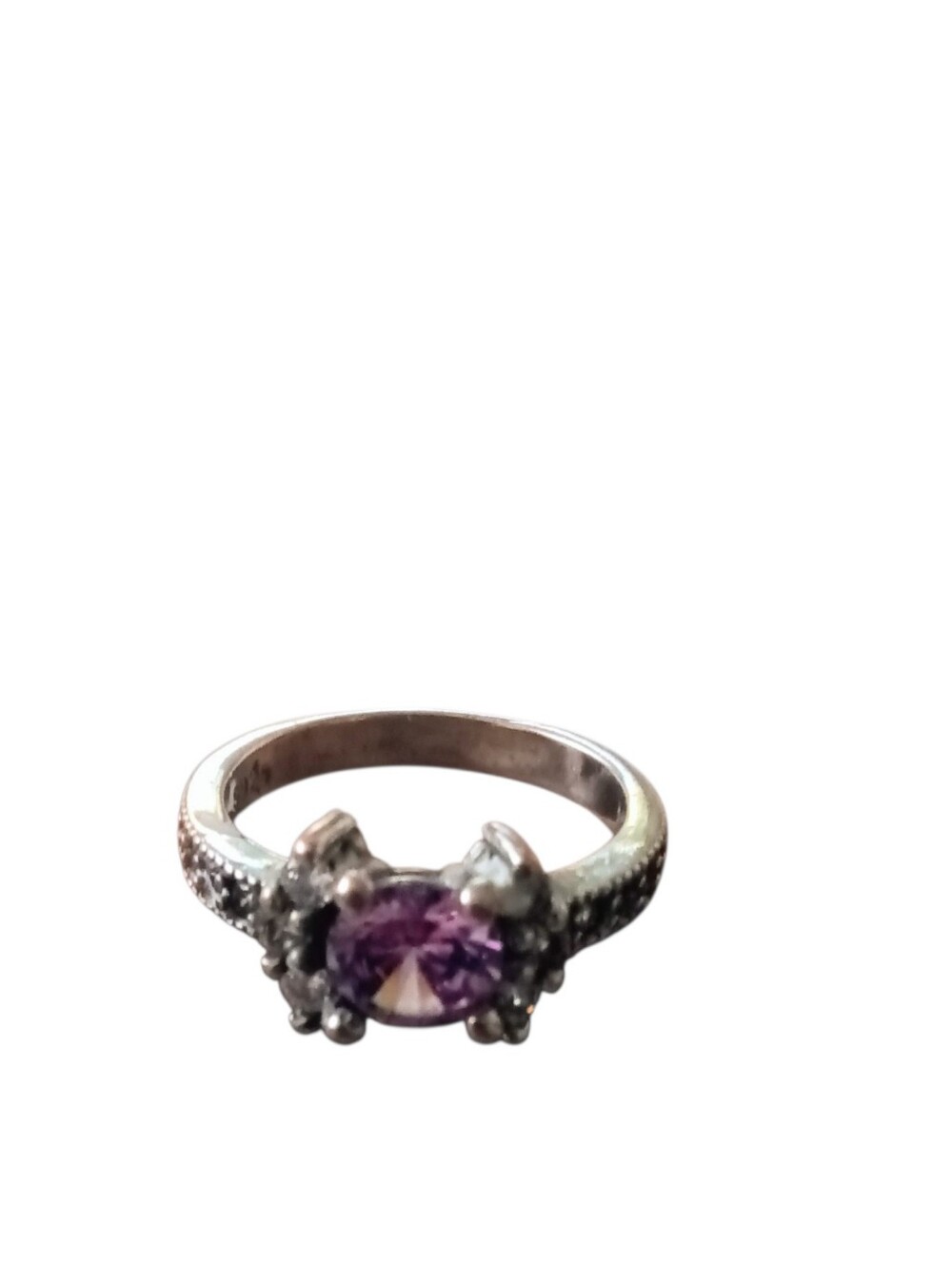 Sterling Silver 925 Ring W/Purple Cubic Zirconia Stone & Small Clear Zirconias